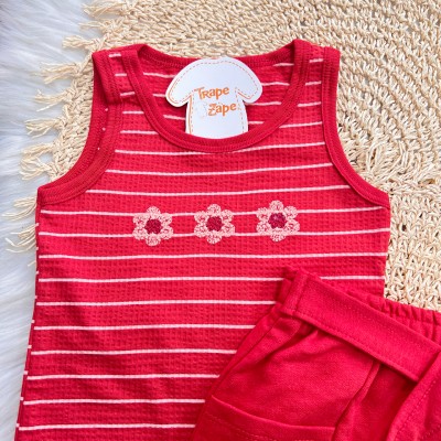 Conj. Regata Listrada Três Flores e Short Saia - Vermelho